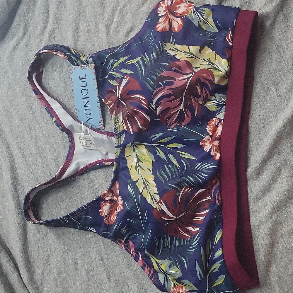Yonique Floral Print Sports Bra Swimsuit Bikini Top NWT